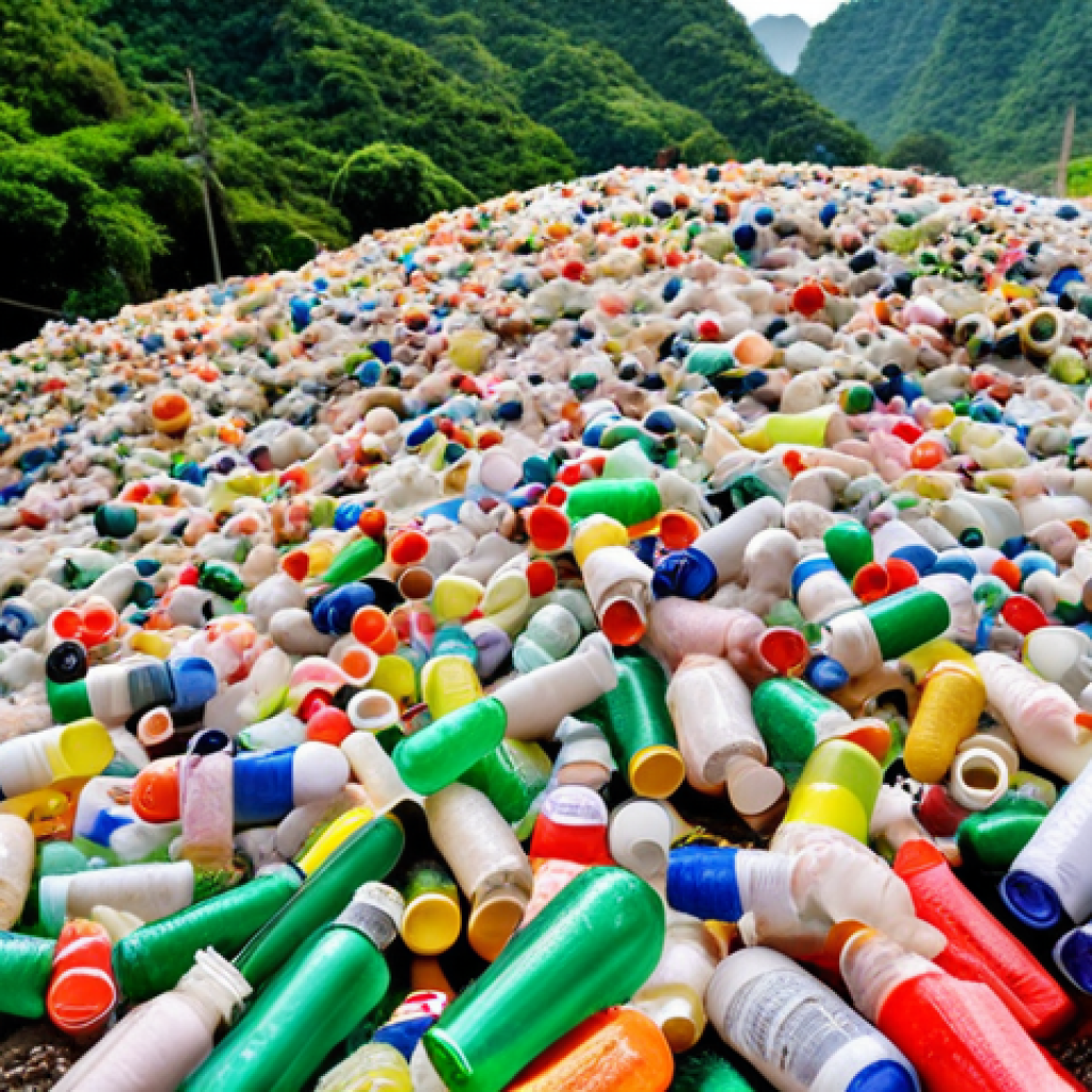 **Image:** Mountains of colorful recycled plastic bottles being processed at a recycling plant in Thailand. Focus on the scale and the environmental impact.