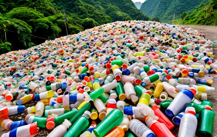**Image:** Mountains of colorful recycled plastic bottles being processed at a recycling plant in Thailand. Focus on the scale and the environmental impact.