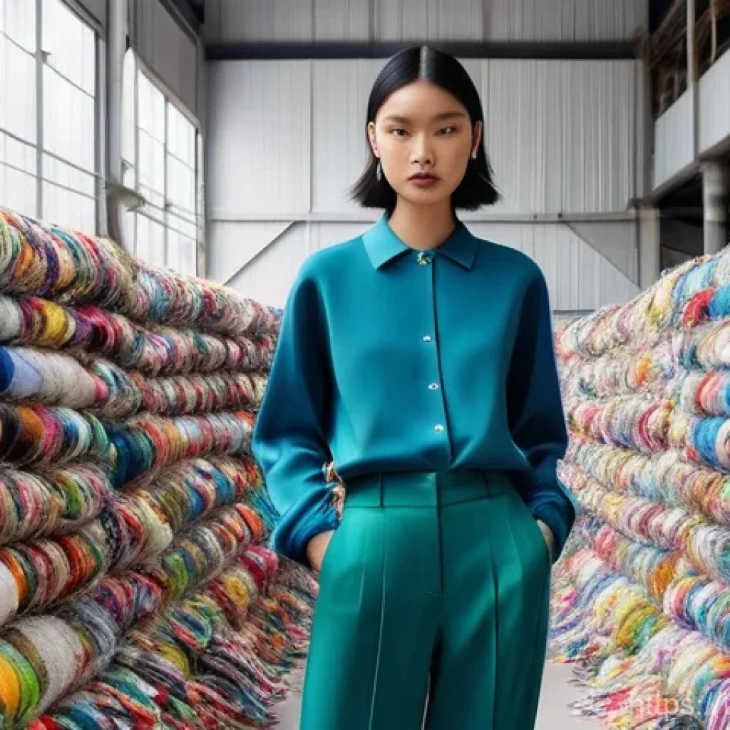 재생 섬유의 소비자 인식 변화 - **Prompt:** A visually stunning depiction of the journey from waste to high fashion. In the foregrou...