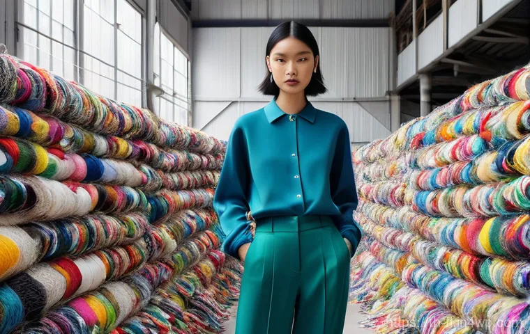 재생 섬유의 소비자 인식 변화 - **Prompt:** A visually stunning depiction of the journey from waste to high fashion. In the foregrou...