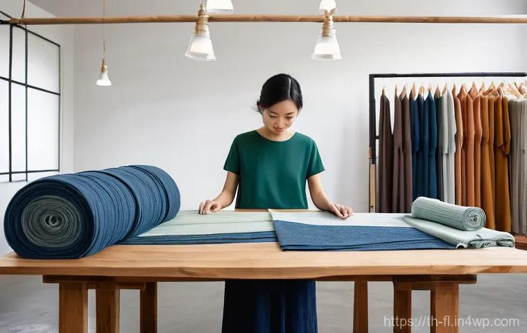 재생 섬유 활용을 위한 디자인 원칙 - **Prompt 1: Sustainable Textile Transformation**
    "A close-up, warm-toned, and brightly lit studi...