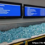 Home 19 재생 섬유 기술의 채택을 위한 성공 전략 - ) Photorealistic wide-angle documentary image of a Bangkok–Chonburi recycling warehouse showing thre...
