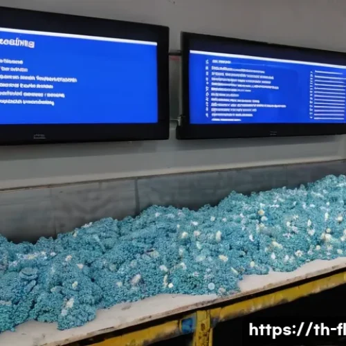 Home 29 재생 섬유 기술의 채택을 위한 성공 전략 - ) Photorealistic wide-angle documentary image of a Bangkok–Chonburi recycling warehouse showing thre...