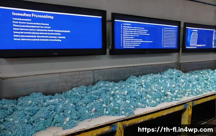 재생 섬유 기술의 채택을 위한 성공 전략 - ) Photorealistic wide-angle documentary image of a Bangkok–Chonburi recycling warehouse showing thre...