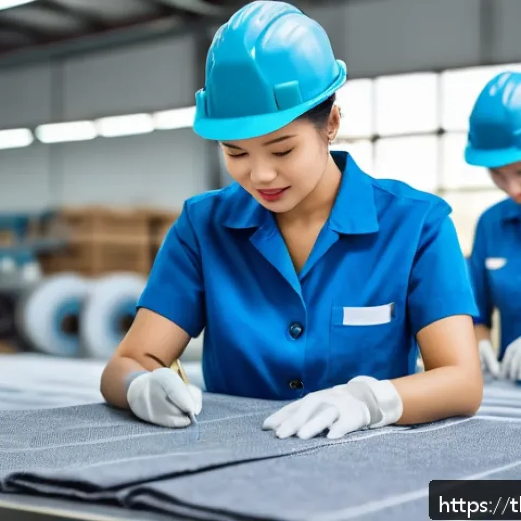 재생 섬유 사용의 법적 규제 - A modern Thai fashion factory interior focusing on sustainable production: workers carefully inspect...