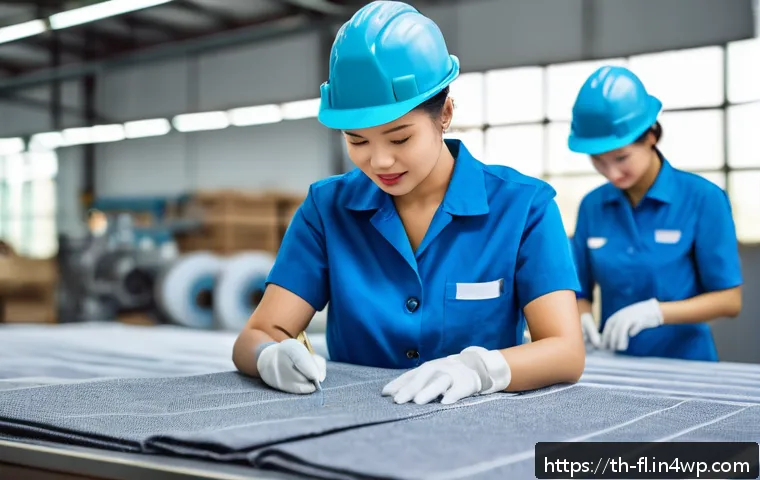 재생 섬유 사용의 법적 규제 - A modern Thai fashion factory interior focusing on sustainable production: workers carefully inspect...