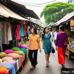Home 22 재생 섬유의 사용 증가에 따른 산업 변화 - A vibrant Bangkok street market scene showcasing eco-friendly fashion stalls displaying colorful clo...