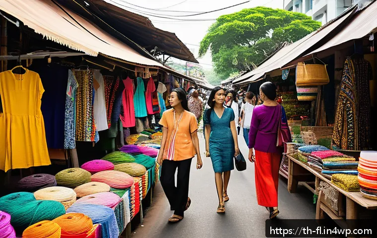 재생 섬유의 사용 증가에 따른 산업 변화 - A vibrant Bangkok street market scene showcasing eco-friendly fashion stalls displaying colorful clo...
