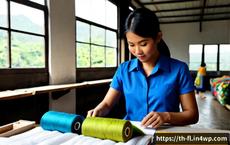 Home 17 재생 섬유를 통한 혁신적인 비즈니스 기회 - Photorealistic modern textile innovation workshop in Thailand, a Thai entrepreneur in neat casual bu...